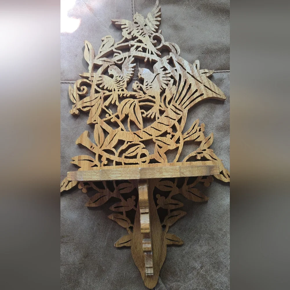 Intricate Wooden Wall Shelf Decor With Birds